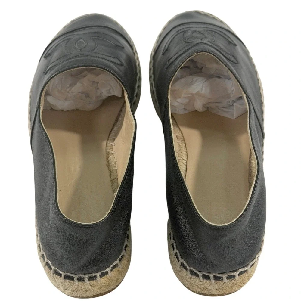 CHANEL Lambskin Espadrilles Black CC 37 Auth New w/o Box Leather Flats Slip-On